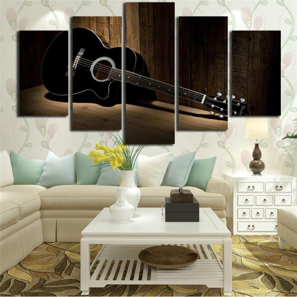 Black Guitar 5 Piece HD Multi Panel Canvas Wall Art Frame-Original Frame