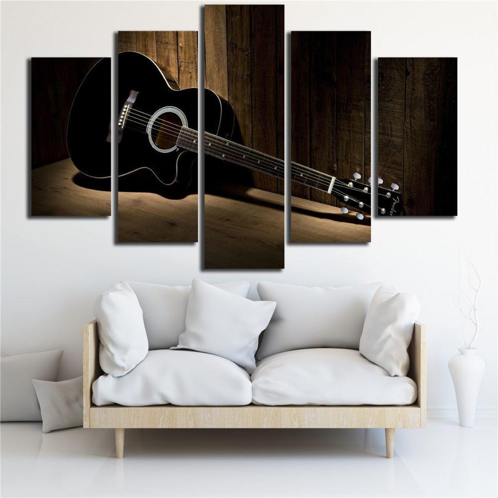 Black Guitar 5 Piece HD Multi Panel Canvas Wall Art Frame-Original Frame