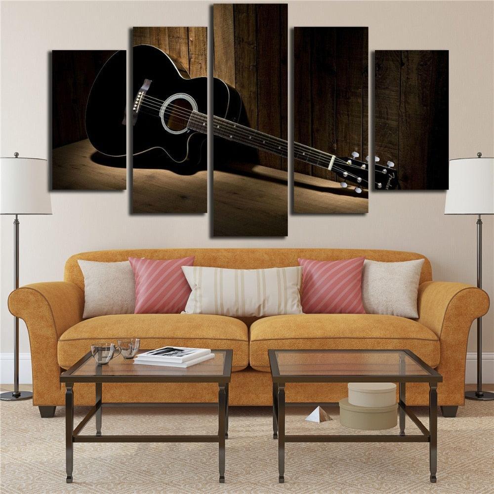 Black Guitar 5 Piece HD Multi Panel Canvas Wall Art Frame-Original Frame