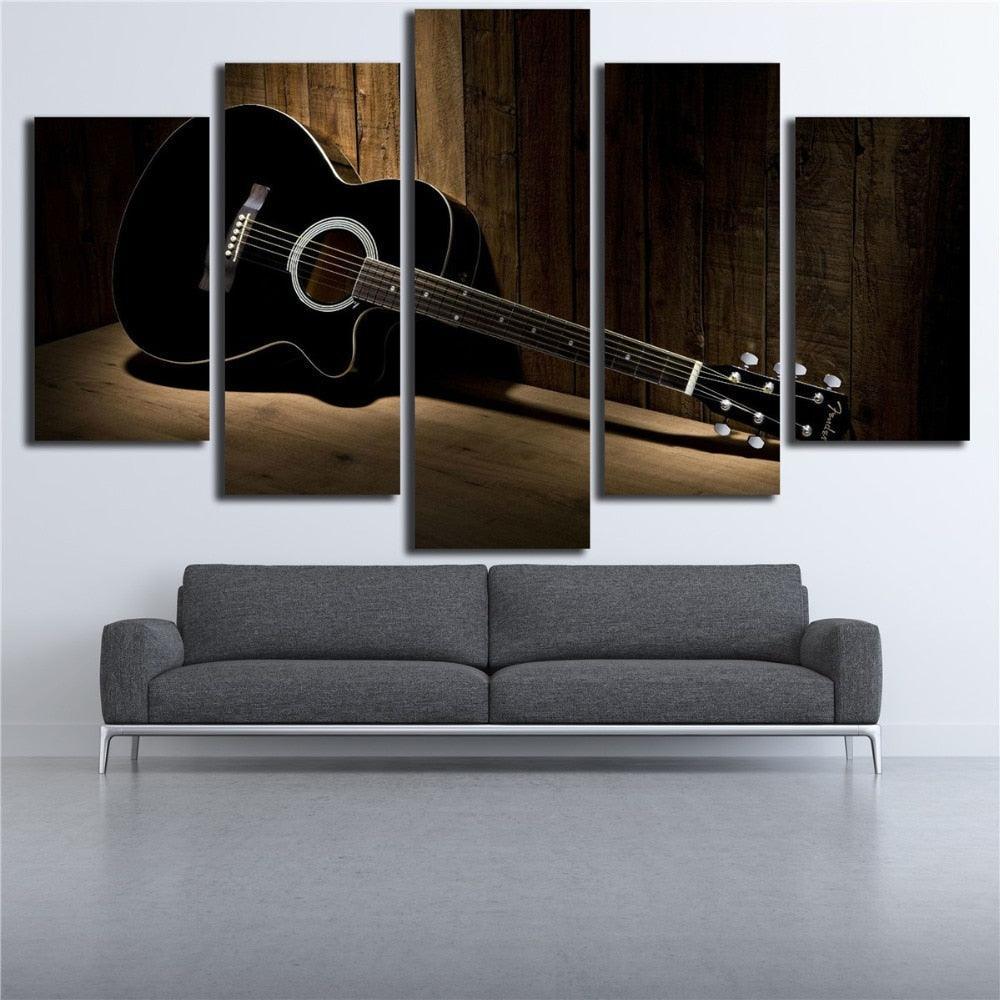 Black Guitar 5 Piece HD Multi Panel Canvas Wall Art Frame-Original Frame