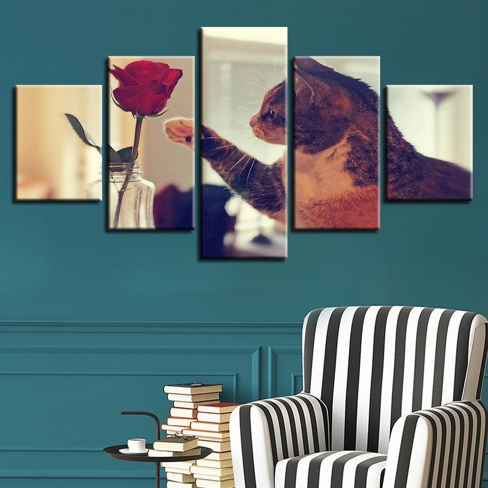 Cat And Red Rose 5 Piece HD Multi Panel Canvas Wall Art Frame-Original Frame