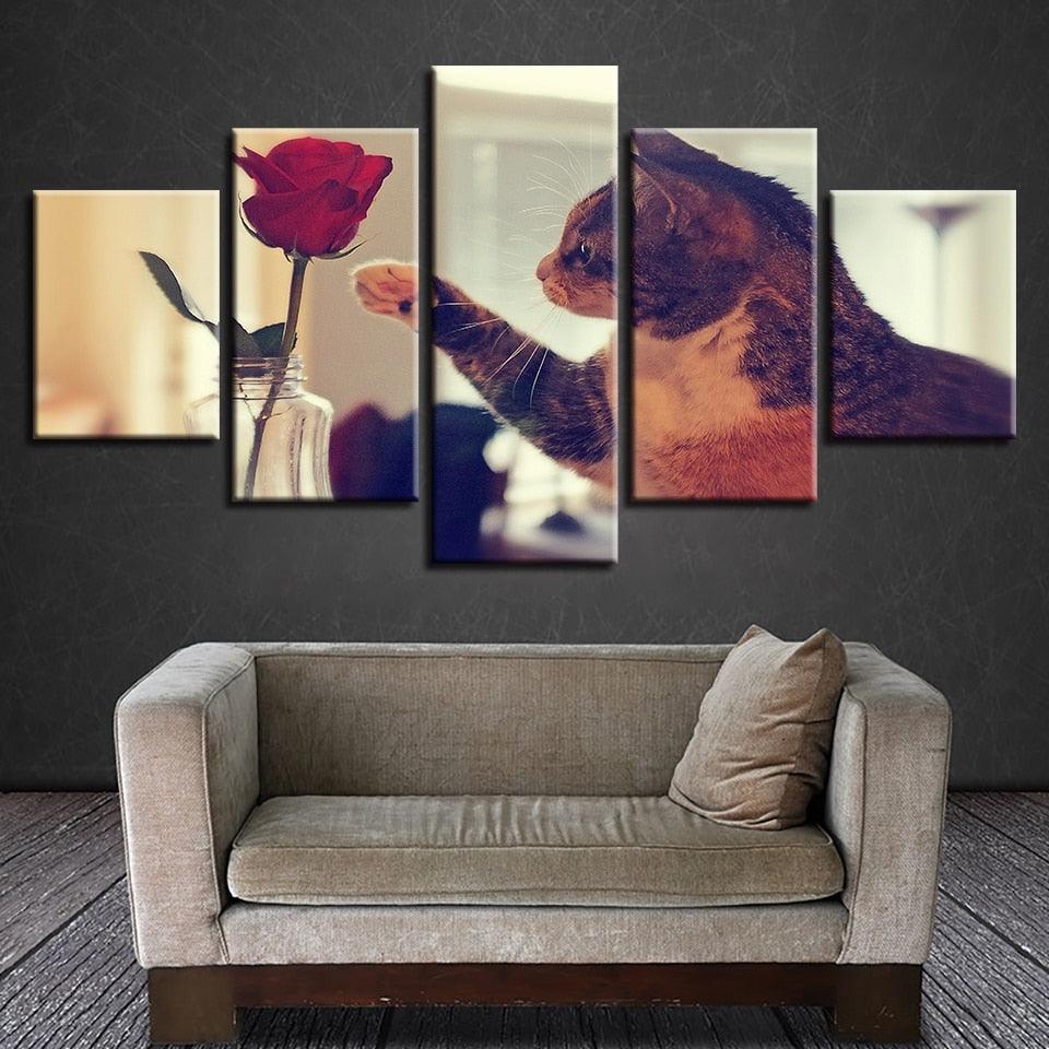 Cat And Red Rose 5 Piece HD Multi Panel Canvas Wall Art Frame-Original Frame