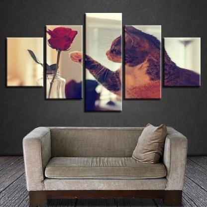 Cat And Red Rose 5 Piece HD Multi Panel Canvas Wall Art Frame-Original Frame