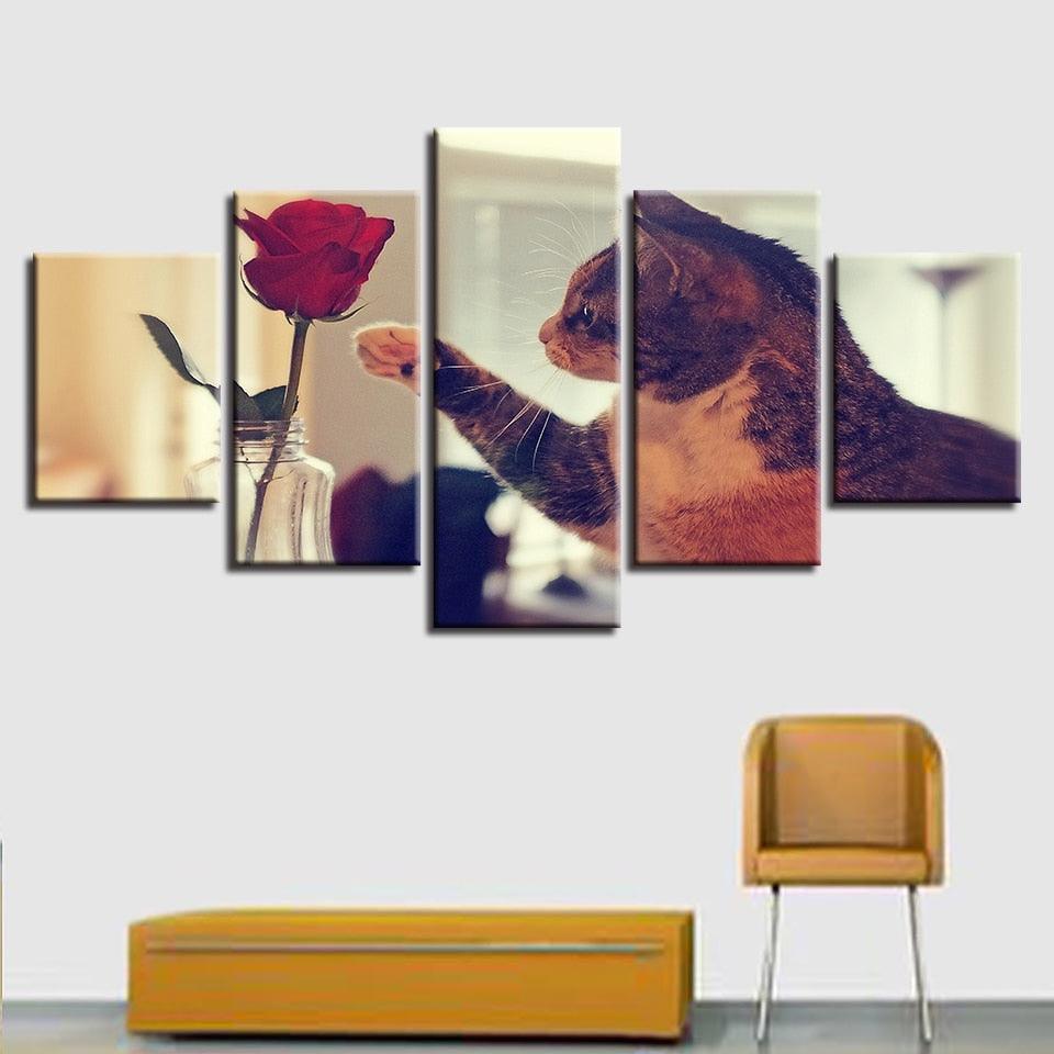 Cat And Red Rose 5 Piece HD Multi Panel Canvas Wall Art Frame-Original Frame
