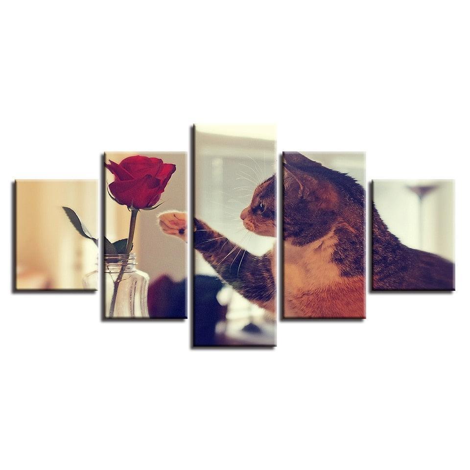 Cat And Red Rose 5 Piece HD Multi Panel Canvas Wall Art Frame-Original Frame
