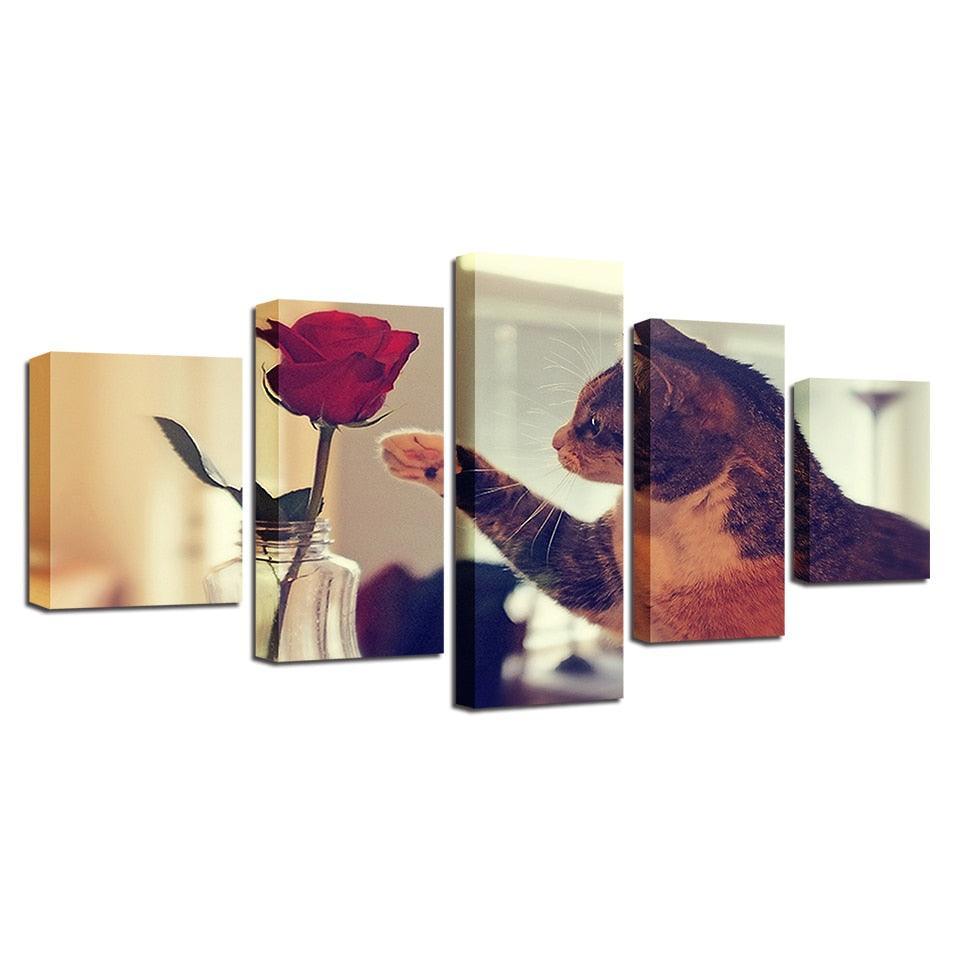 Cat And Red Rose 5 Piece HD Multi Panel Canvas Wall Art Frame-Original Frame