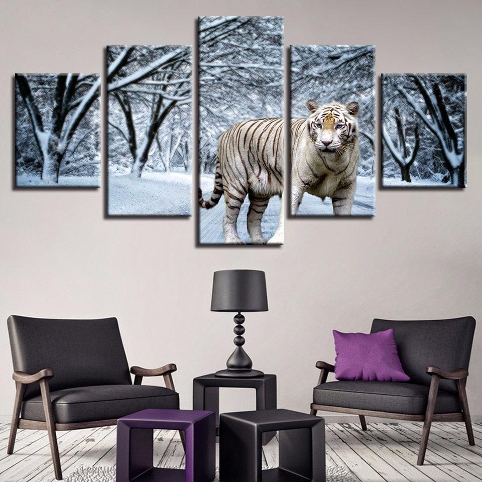 Snow Tiger 5 Piece HD Multi Panel Canvas Wall Art Frame-Original Frame