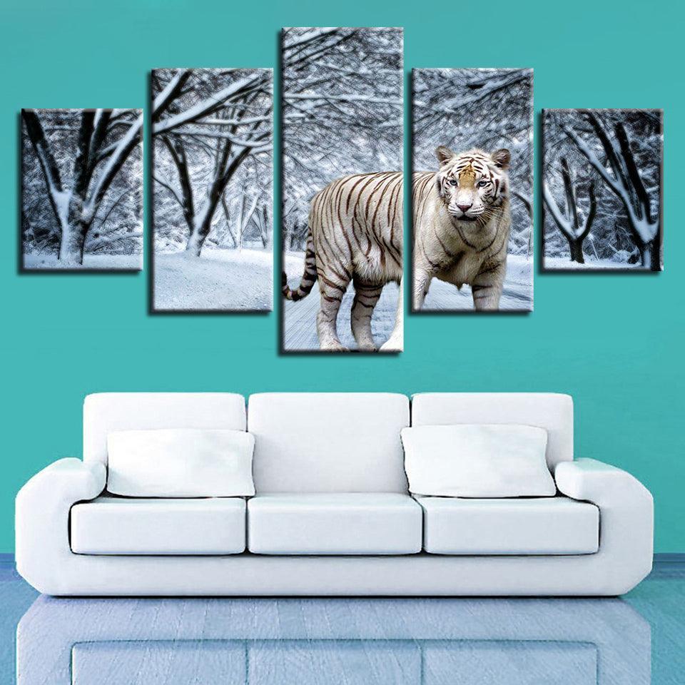 Snow Tiger 5 Piece HD Multi Panel Canvas Wall Art Frame-Original Frame