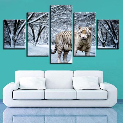 Snow Tiger 5 Piece HD Multi Panel Canvas Wall Art Frame-Original Frame