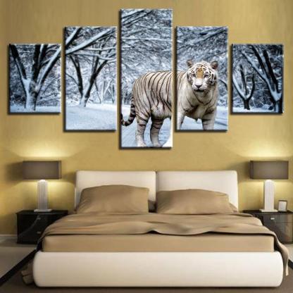 Snow Tiger 5 Piece HD Multi Panel Canvas Wall Art Frame-Original Frame