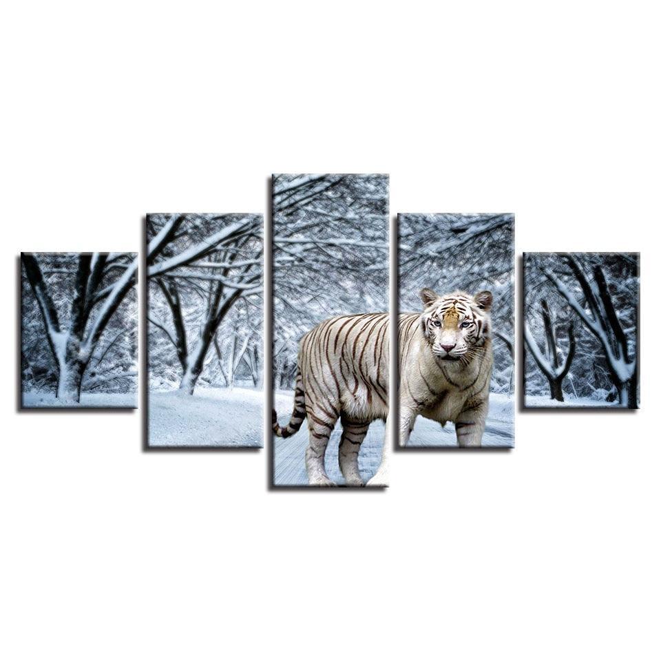Snow Tiger 5 Piece HD Multi Panel Canvas Wall Art Frame-Original Frame