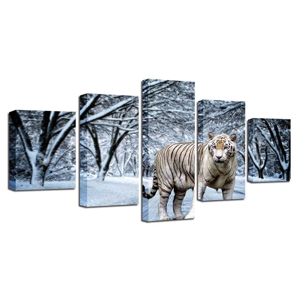 Snow Tiger 5 Piece HD Multi Panel Canvas Wall Art Frame-Original Frame