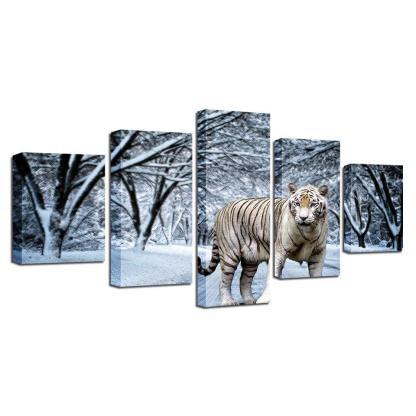 Snow Tiger 5 Piece HD Multi Panel Canvas Wall Art Frame-Original Frame