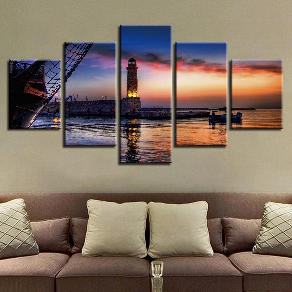 Dusk Lighthouse Lake Boat 5 Piece HD Multi Panel Canvas Wall Art Frame-Original Frame