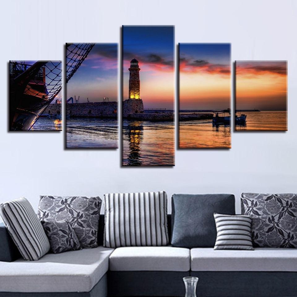 Dusk Lighthouse Lake Boat 5 Piece HD Multi Panel Canvas Wall Art Frame-Original Frame