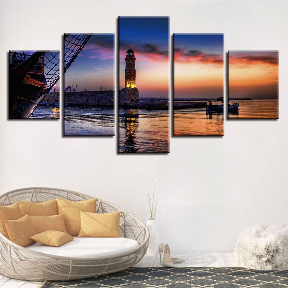 Dusk Lighthouse Lake Boat 5 Piece HD Multi Panel Canvas Wall Art Frame-Original Frame
