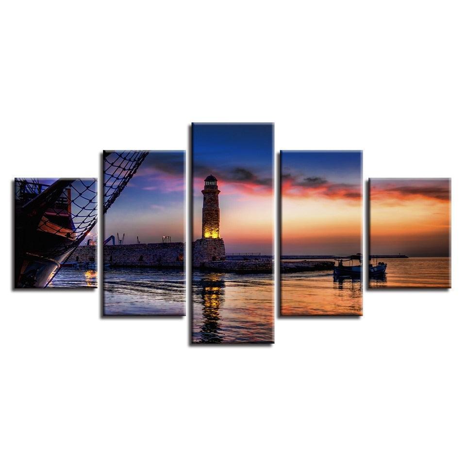 Dusk Lighthouse Lake Boat 5 Piece HD Multi Panel Canvas Wall Art Frame-Original Frame