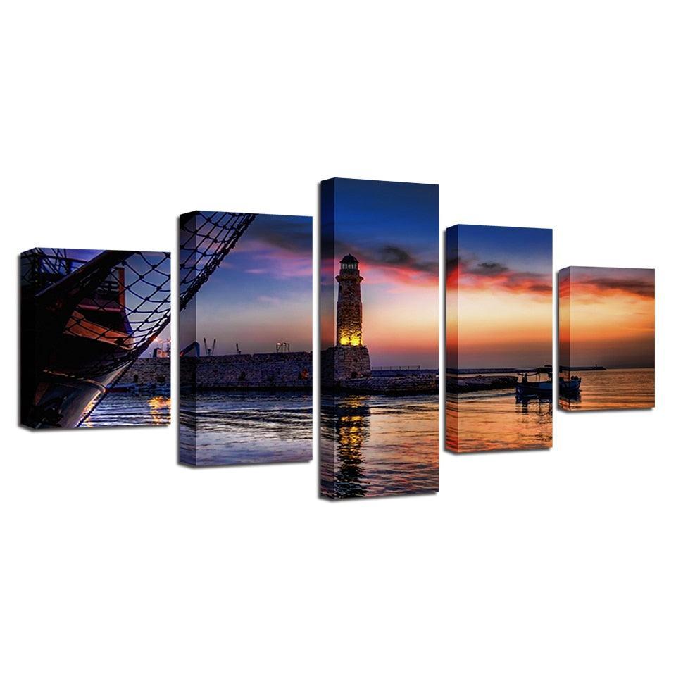 Dusk Lighthouse Lake Boat 5 Piece HD Multi Panel Canvas Wall Art Frame-Original Frame