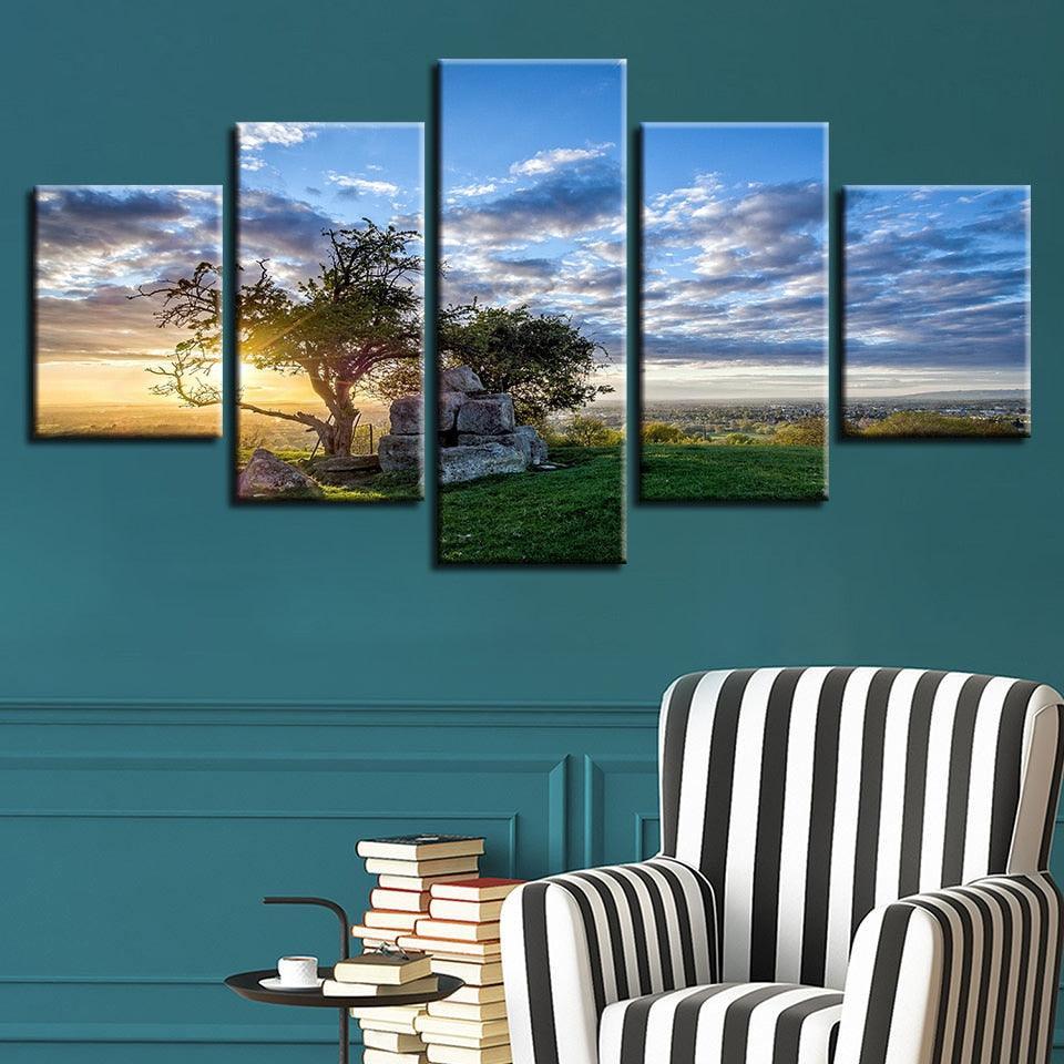 Sunrise Tree 5 Piece HD Multi Panel Canvas Wall Art Frame-Original Frame