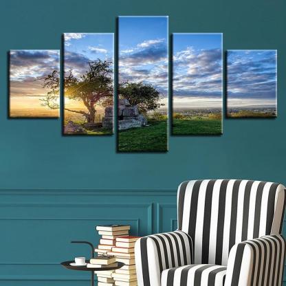 Sunrise Tree 5 Piece HD Multi Panel Canvas Wall Art Frame-Original Frame