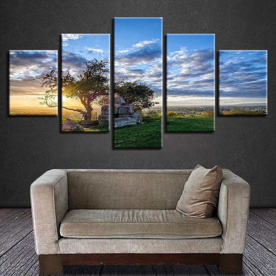 Sunrise Tree 5 Piece HD Multi Panel Canvas Wall Art Frame-Original Frame