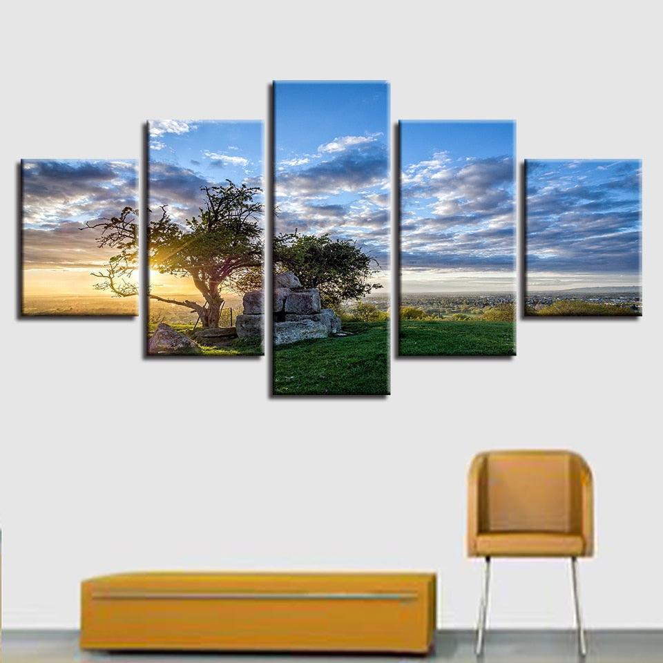 Sunrise Tree 5 Piece HD Multi Panel Canvas Wall Art Frame-Original Frame