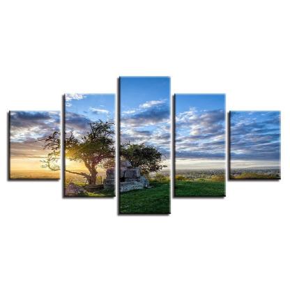 Sunrise Tree 5 Piece HD Multi Panel Canvas Wall Art Frame-Original Frame