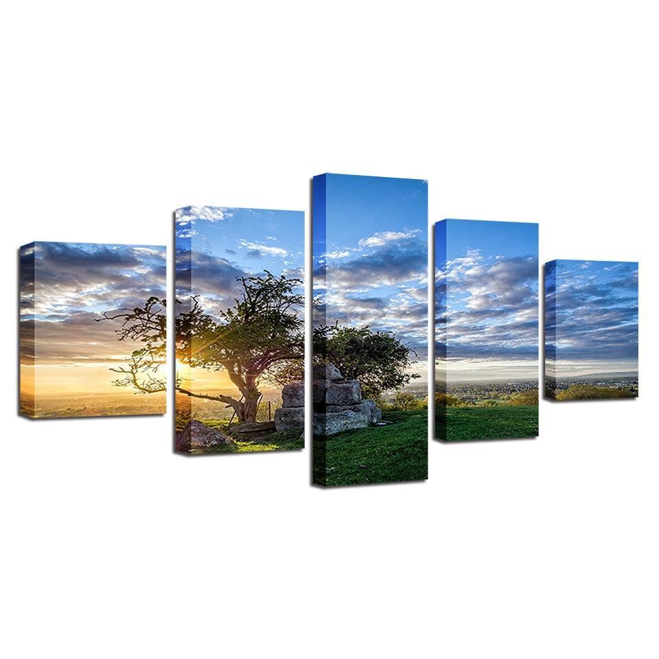Sunrise Tree 5 Piece HD Multi Panel Canvas Wall Art Frame-Original Frame