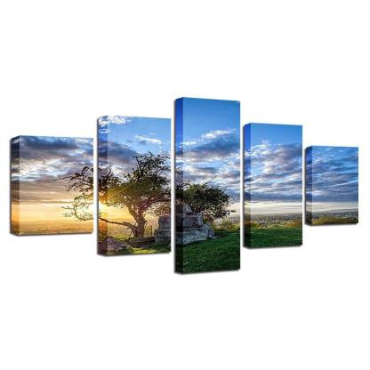 Sunrise Tree 5 Piece HD Multi Panel Canvas Wall Art Frame-Original Frame