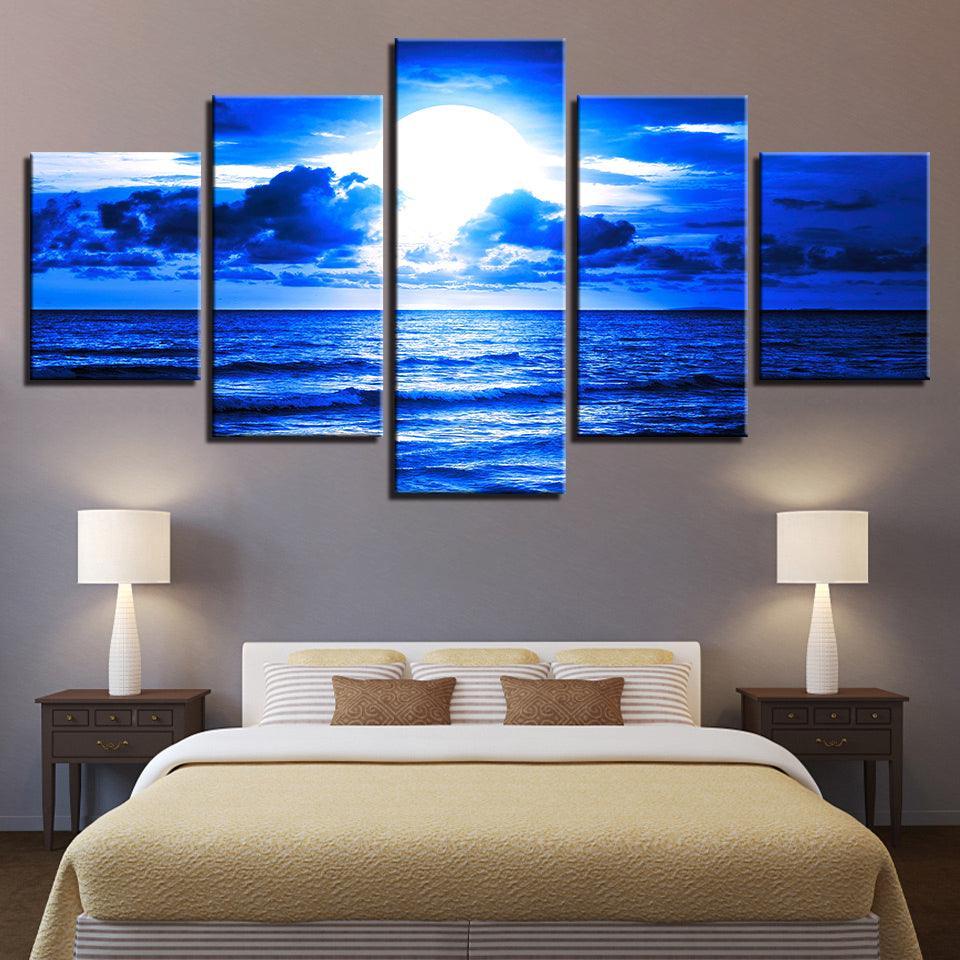 Blue Moonlit Night Paintings 5 Piece HD Multi Panel Canvas Wall Art Frame-Original Frame