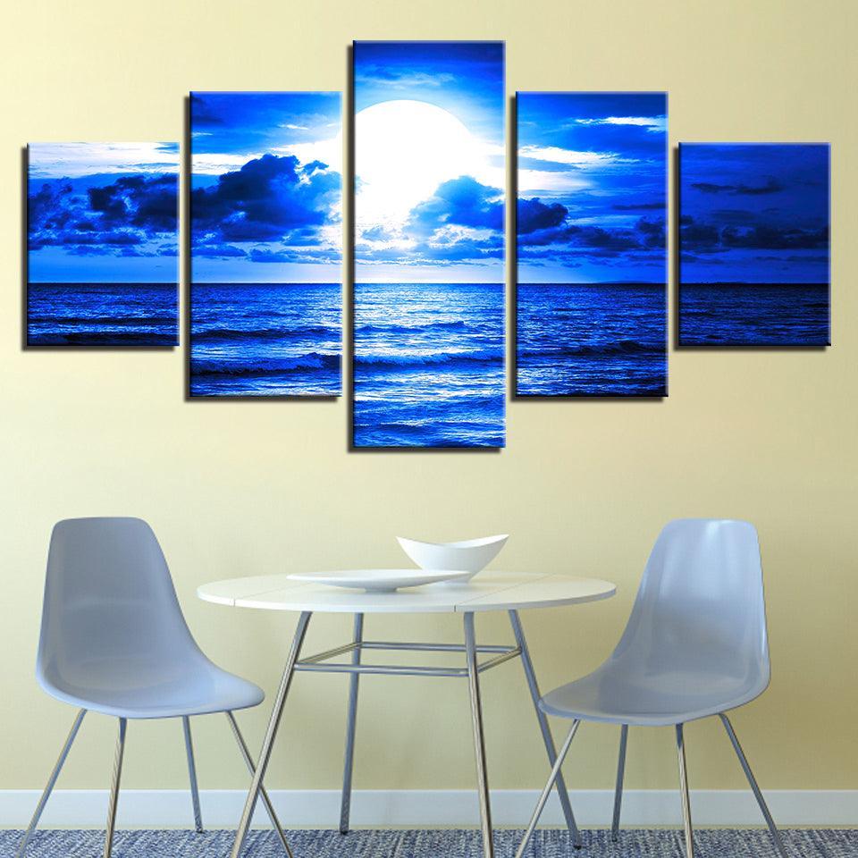 Blue Moonlit Night Paintings 5 Piece HD Multi Panel Canvas Wall Art Frame-Original Frame
