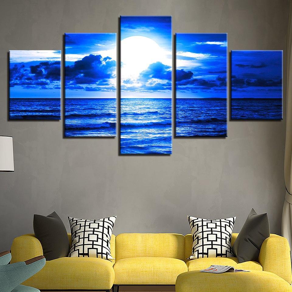 Blue Moonlit Night Paintings 5 Piece HD Multi Panel Canvas Wall Art Frame-Original Frame