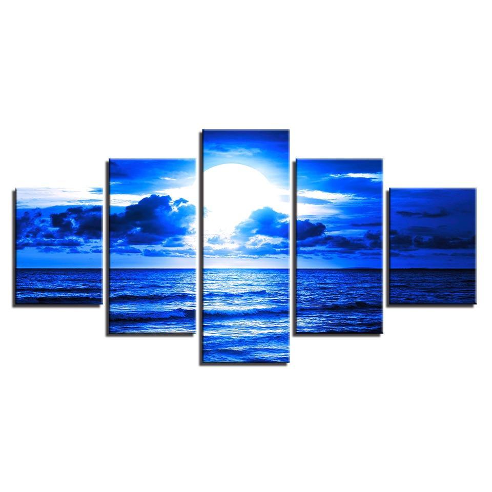 Blue Moonlit Night Paintings 5 Piece HD Multi Panel Canvas Wall Art Frame-Original Frame