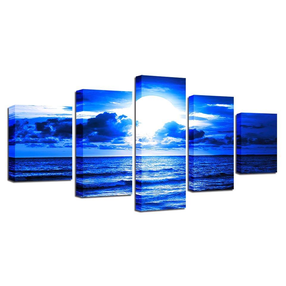 Blue Moonlit Night Paintings 5 Piece HD Multi Panel Canvas Wall Art Frame-Original Frame