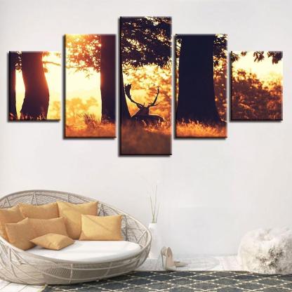 Deer in Summer Forest 5 Piece HD Multi Panel Canvas Wall Art Frame-Original Frame