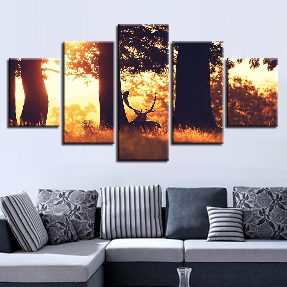 Deer in Summer Forest 5 Piece HD Multi Panel Canvas Wall Art Frame-Original Frame