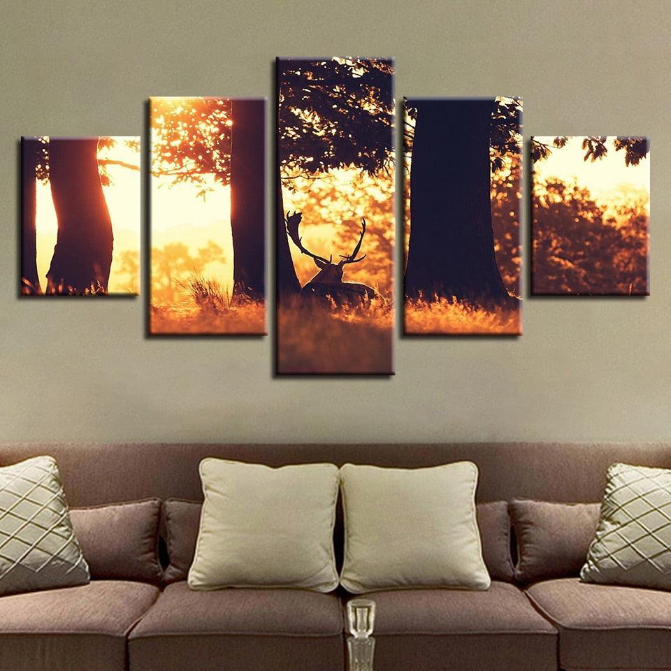 Deer in Summer Forest 5 Piece HD Multi Panel Canvas Wall Art Frame-Original Frame