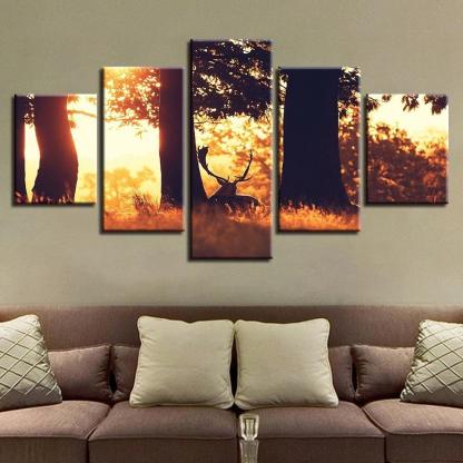 Deer in Summer Forest 5 Piece HD Multi Panel Canvas Wall Art Frame-Original Frame