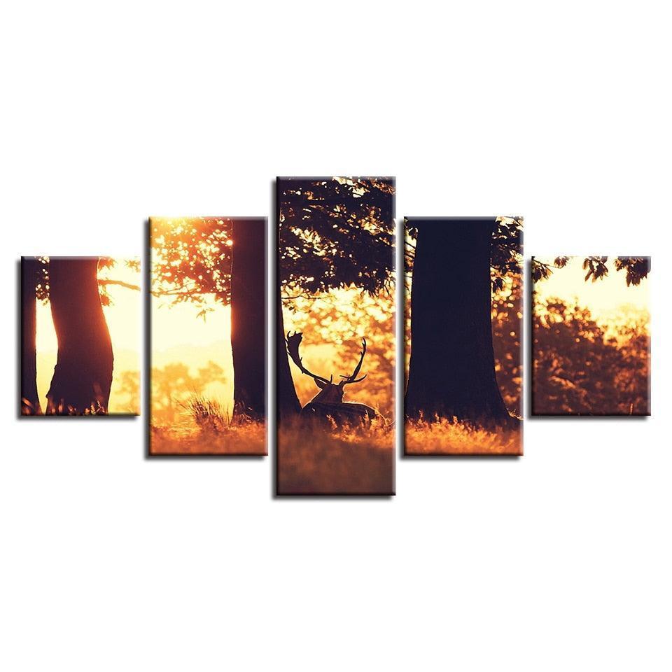 Deer in Summer Forest 5 Piece HD Multi Panel Canvas Wall Art Frame-Original Frame