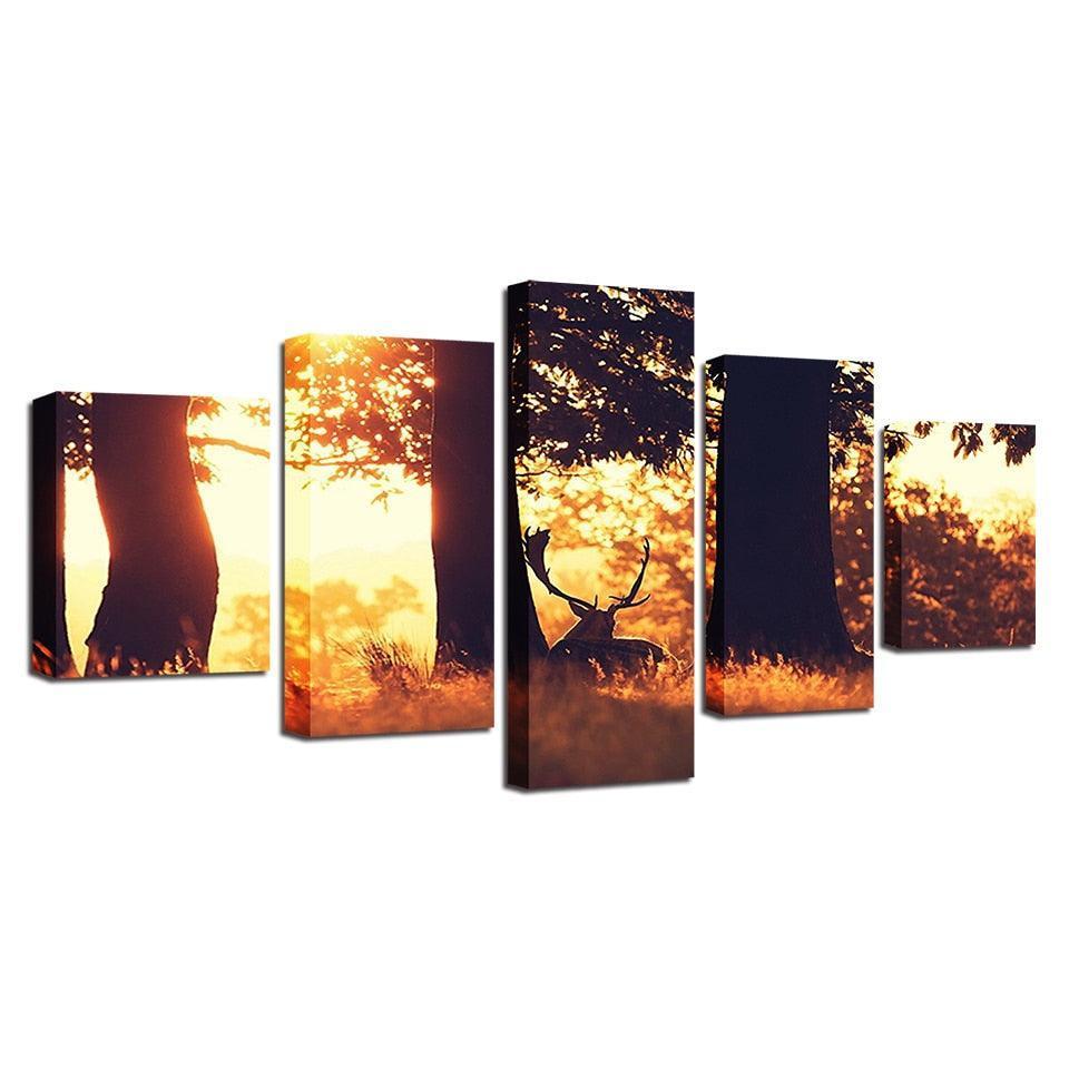 Deer in Summer Forest 5 Piece HD Multi Panel Canvas Wall Art Frame-Original Frame