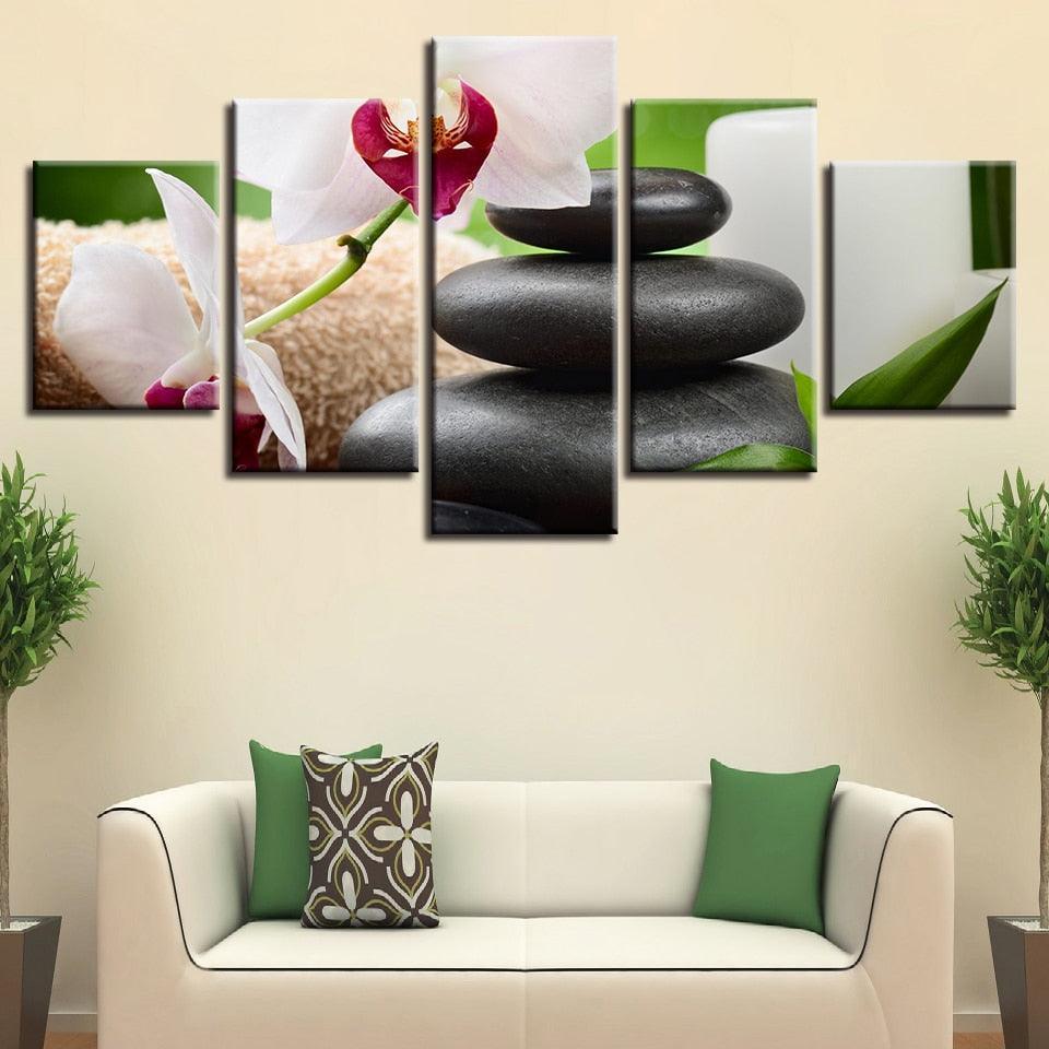 White Orchids 5 Piece HD Multi Panel Canvas Wall Art Frame-Original Frame