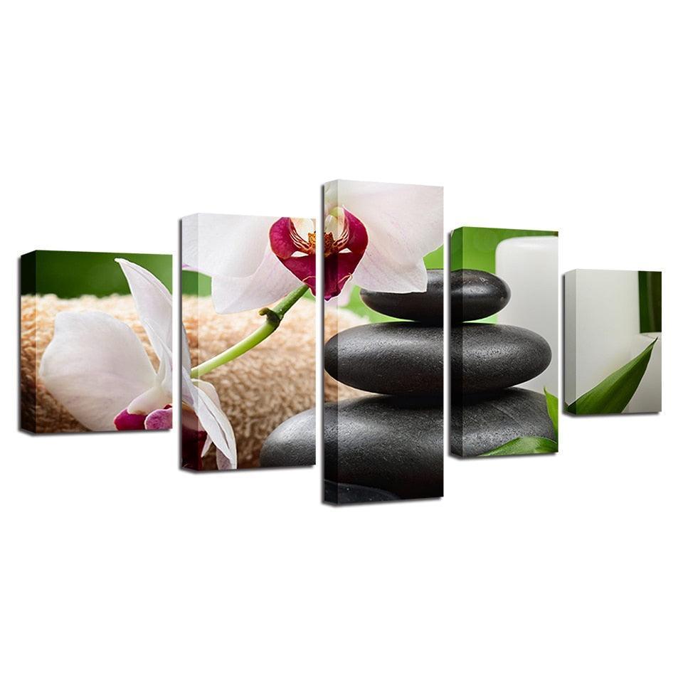 White Orchids 5 Piece HD Multi Panel Canvas Wall Art Frame-Original Frame