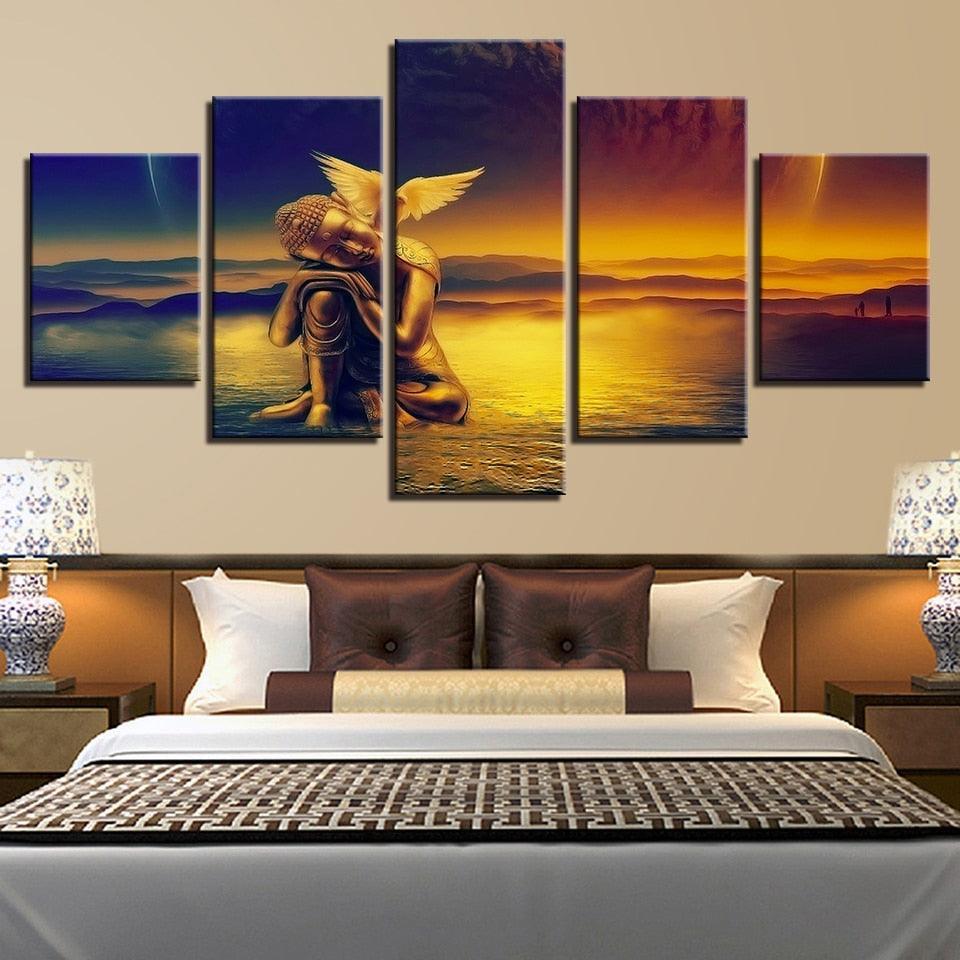 Golden Buddha And Dove 5 Piece HD Multi Panel Canvas Wall Art Frame-Original Frame