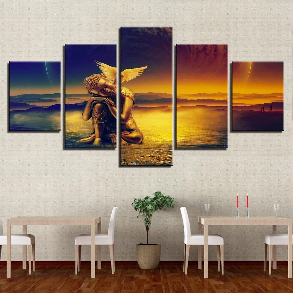 Golden Buddha And Dove 5 Piece HD Multi Panel Canvas Wall Art Frame-Original Frame