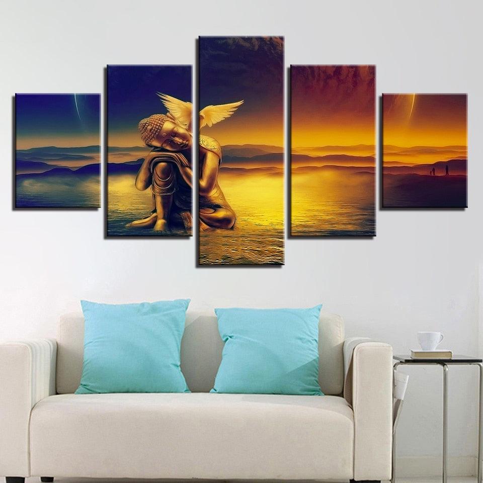 Golden Buddha And Dove 5 Piece HD Multi Panel Canvas Wall Art Frame-Original Frame