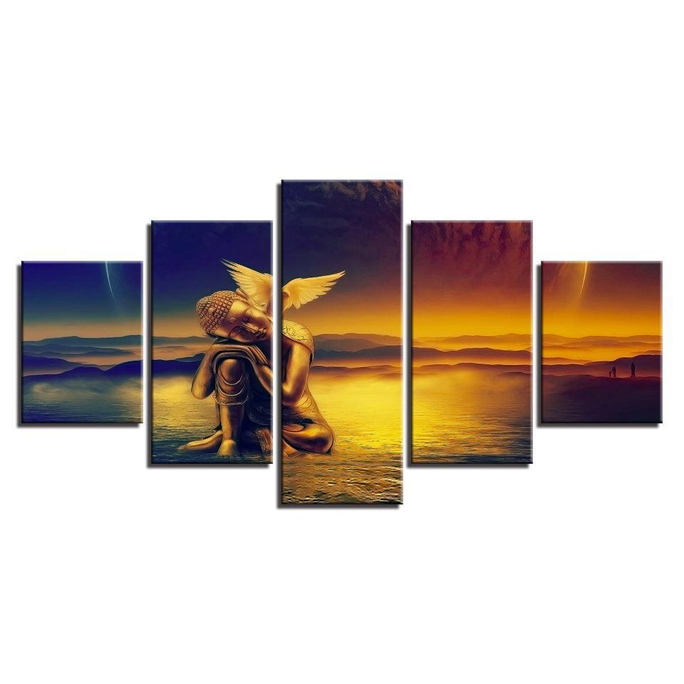 Golden Buddha And Dove 5 Piece HD Multi Panel Canvas Wall Art Frame-Original Frame