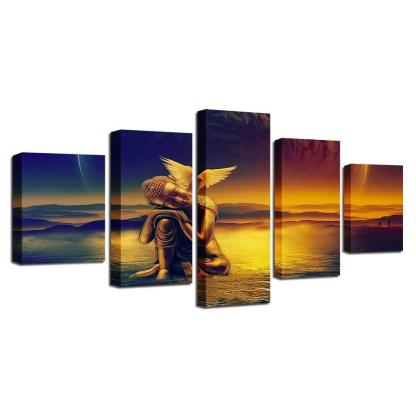 Golden Buddha And Dove 5 Piece HD Multi Panel Canvas Wall Art Frame-Original Frame
