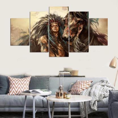 American Indian Girl 5 Piece HD Multi Panel Canvas Wall Art Frame-Original Frame