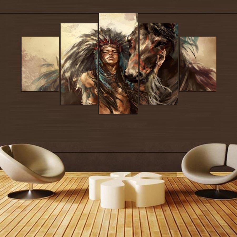 American Indian Girl 5 Piece HD Multi Panel Canvas Wall Art Frame-Original Frame