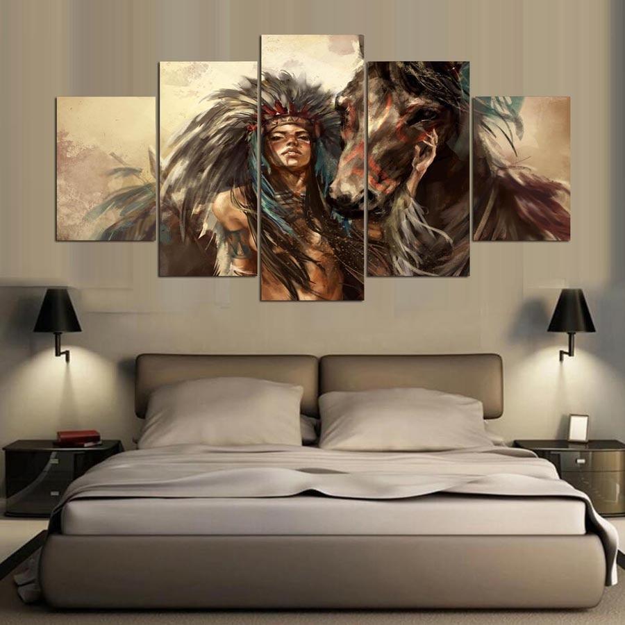 American Indian Girl 5 Piece HD Multi Panel Canvas Wall Art Frame-Original Frame